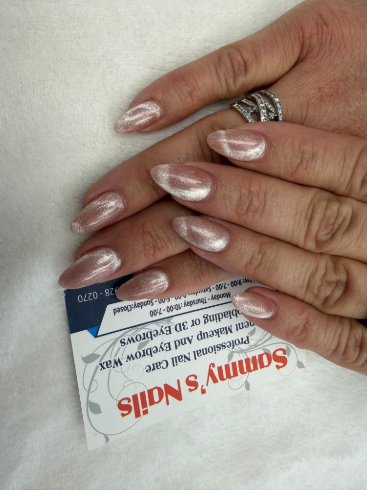 Rose gold cat eye almond nails — Sammy's Nails Holland MI