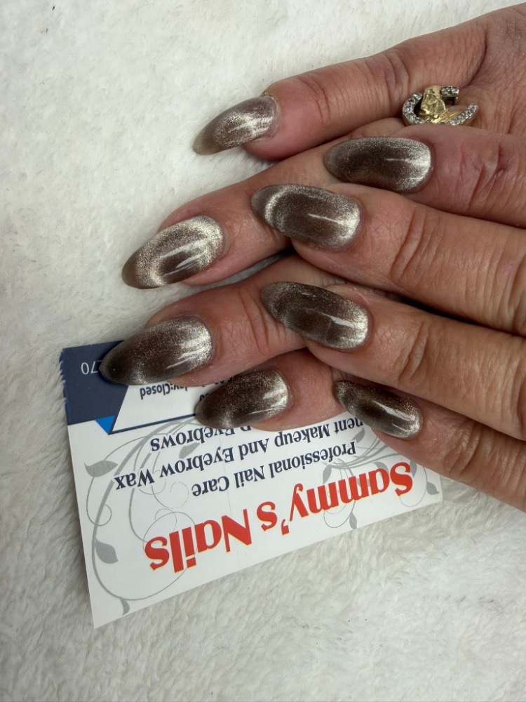 Bronze champagne cat eye almond nails — Sammy's Nails Holland MI