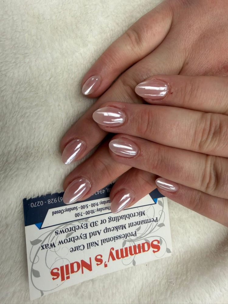 Rose pearl chrome almond nails — Sammy's Nails Holland MI