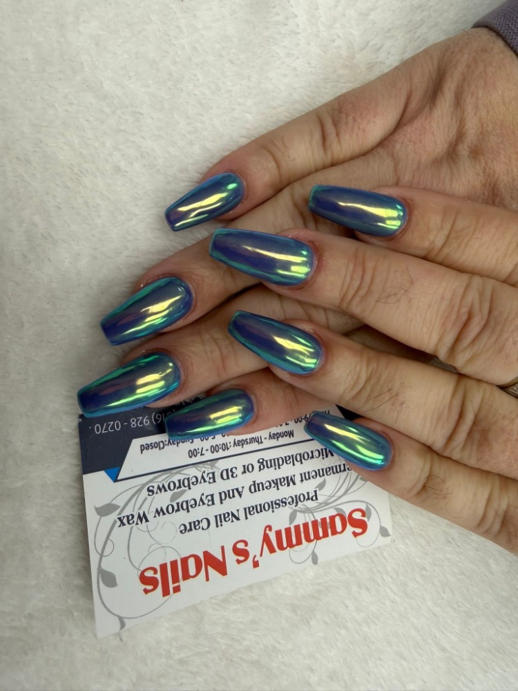 Blue teal mirror chrome nails — Sammy's Nails Holland MI