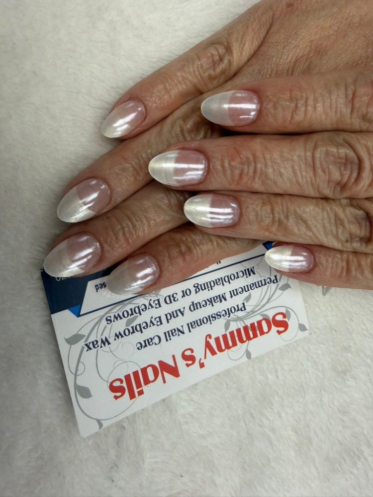 White pearl chrome almond nails — Sammy's Nails Holland MI