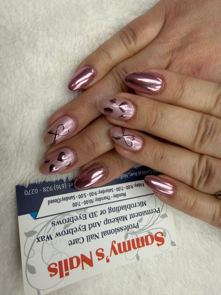 Rose gold chrome nails with dark heart art — Sammy's Nails Holland MI