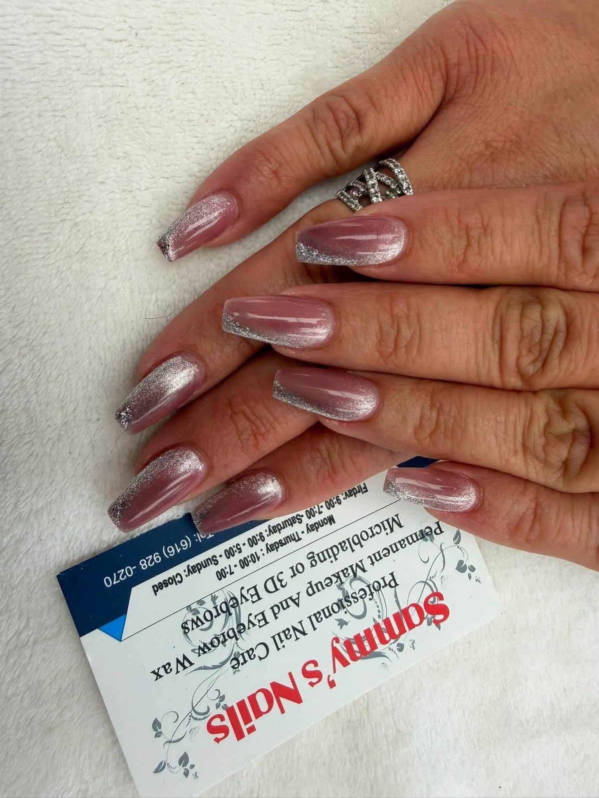 Nude nails with black glitter ombré tips — Sammy's Nails Holland MI