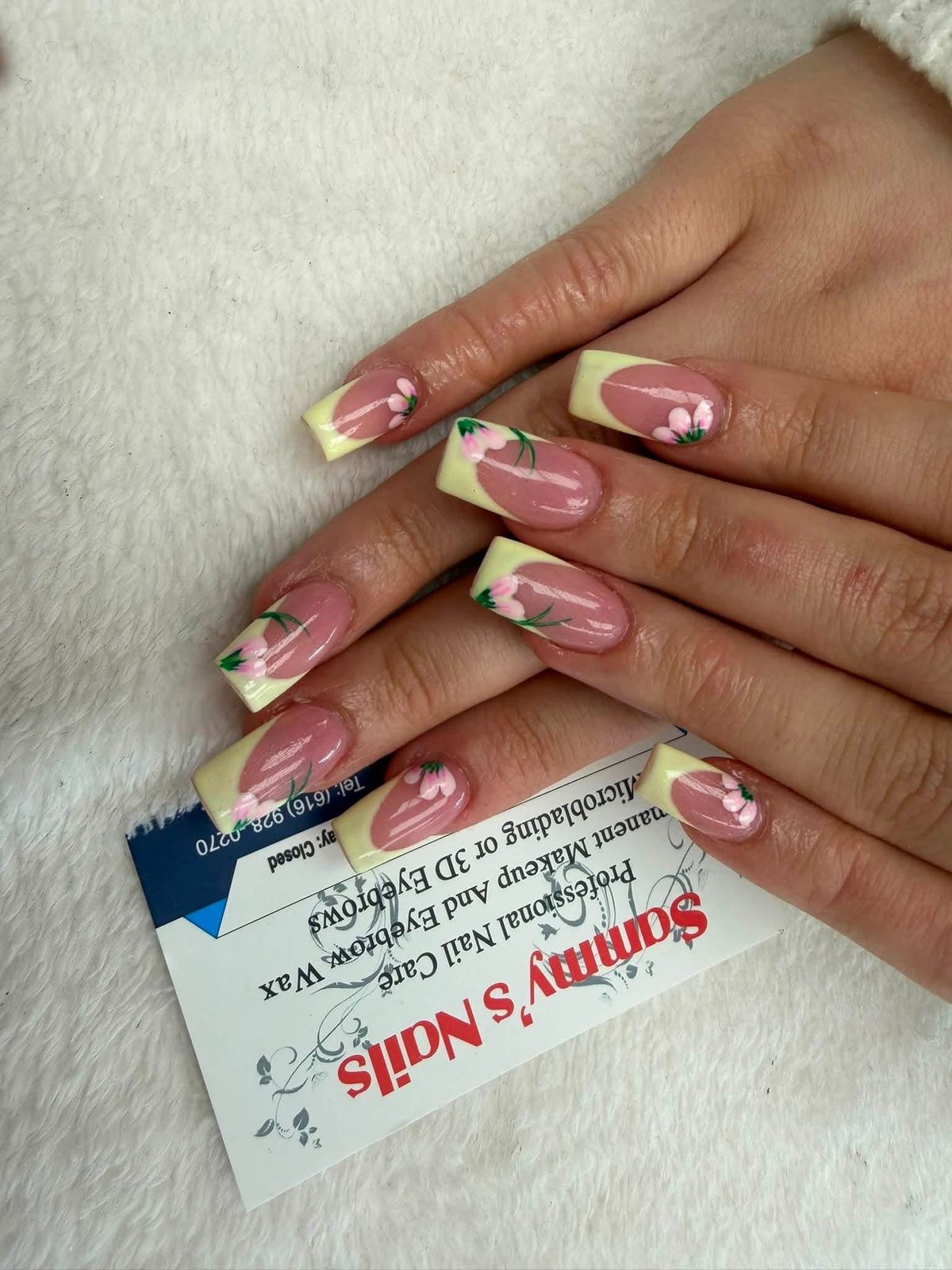 Yellow French tip with pink flowers — Sammy's Nails Holland MI